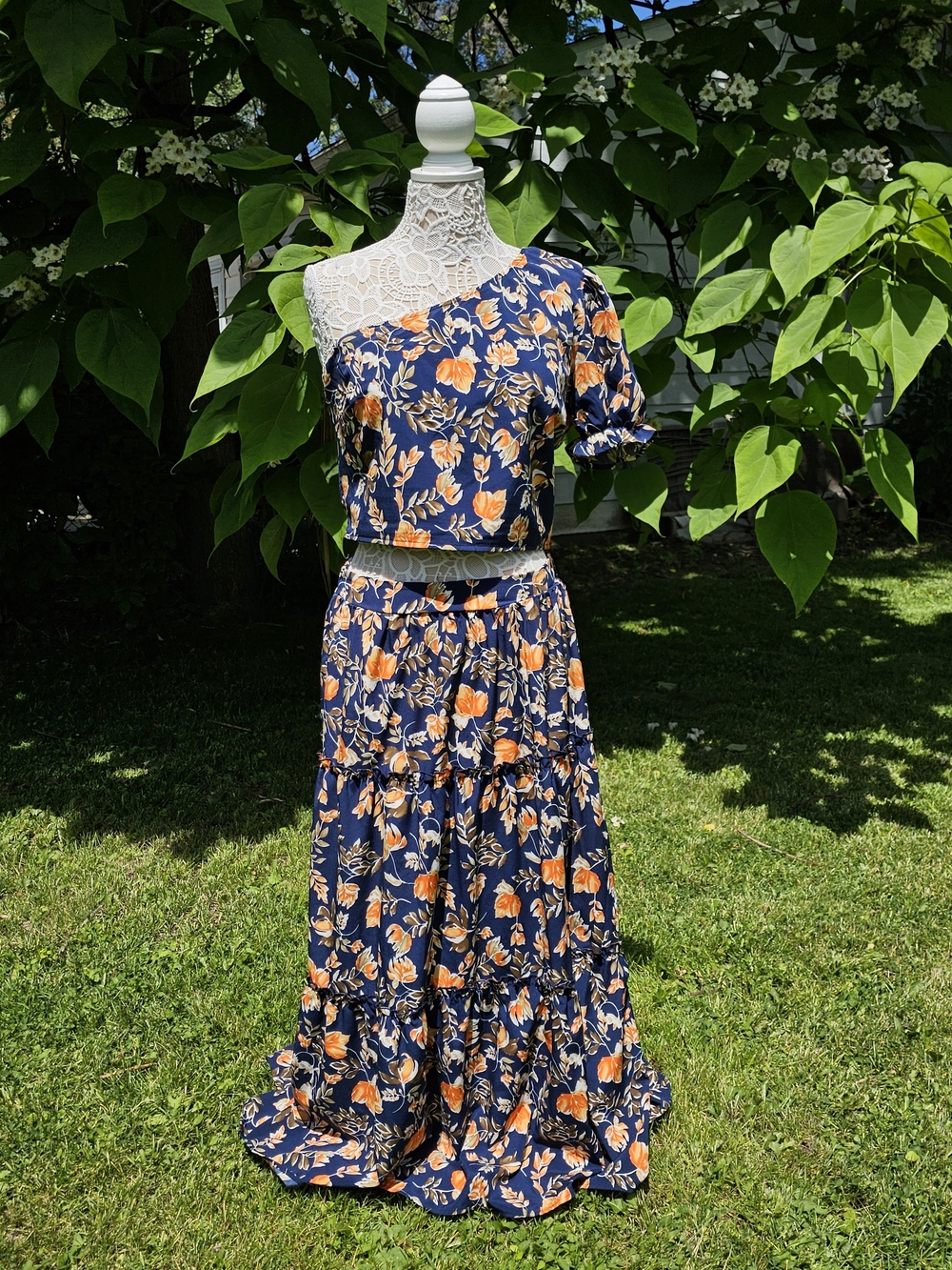 Navy Blue Floral Two-Piece Skirt Set with Orange Blooms